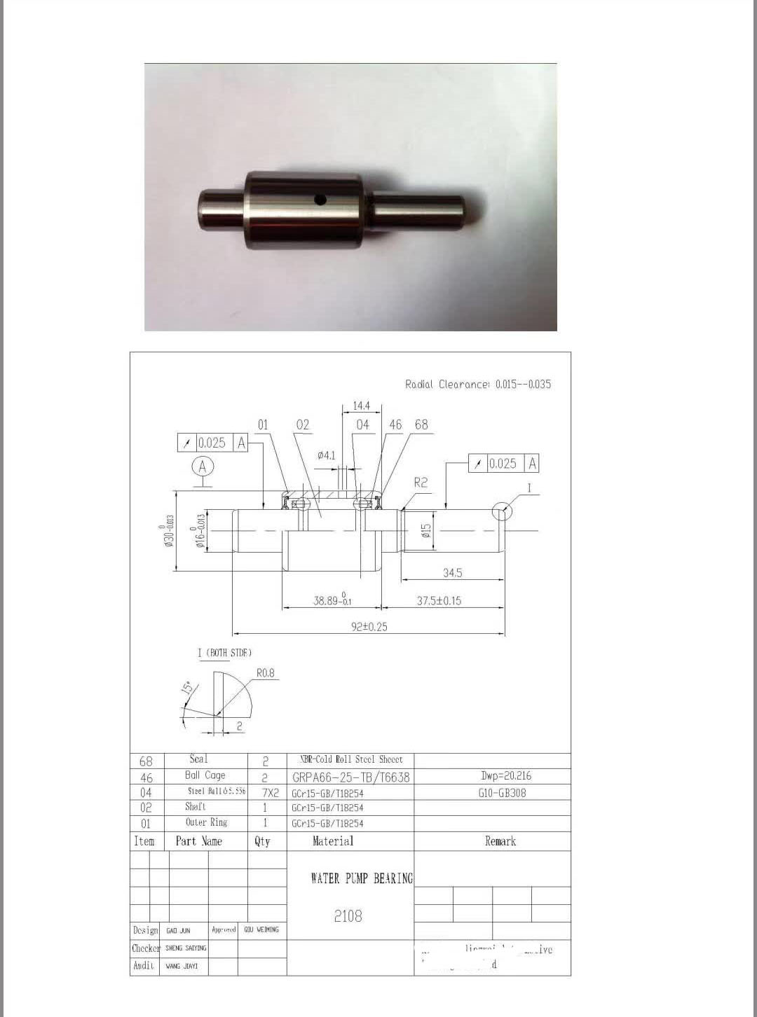 Lada2108 water pump bearings